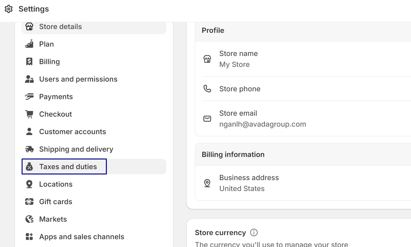 go to Settings > “Taxes and duties.”